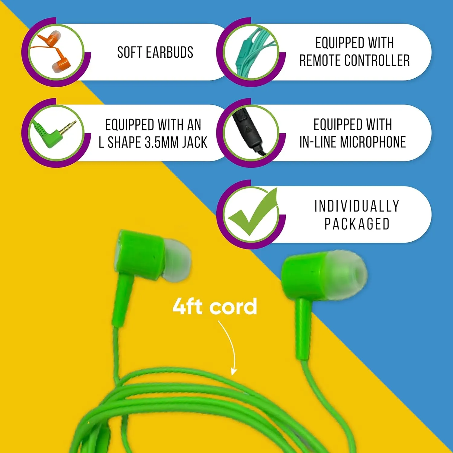 20 Pack Bulk Wired Earbuds with Microphone, In Ear Headphones 3.5mm Jack, 4ft Tangle Free Cable, Comfortable Fit, Affordable and Cost Effective, Ideal for School Classroom Testing Students, Black