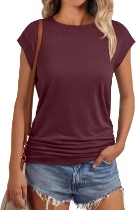 AUTOMET Womens Casual Summer Tops Dressy Cap Sleeve Spring T Shirts Ruched Business Fashion Trendy Clothes Outfits 2025