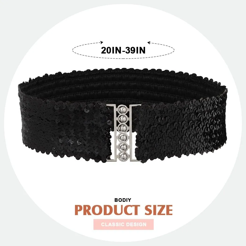 BODIY Women Stretch Wide Waist Belt Sequin Elastic Dress Belts Sparkly Waistband Cinch Belt