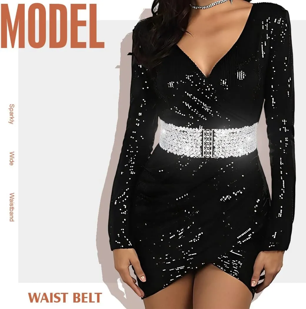BODIY Women Stretch Wide Waist Belt Sequin Elastic Dress Belts Sparkly Waistband Cinch Belt