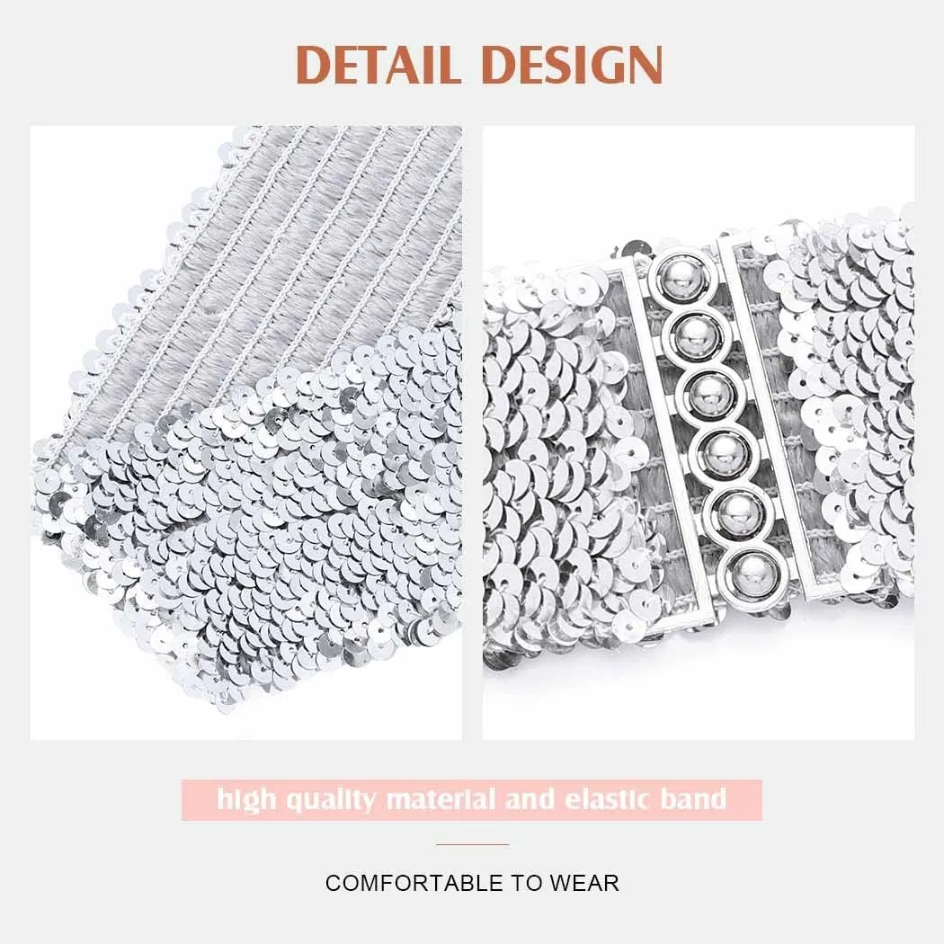 BODIY Women Stretch Wide Waist Belt Sequin Elastic Dress Belts Sparkly Waistband Cinch Belt