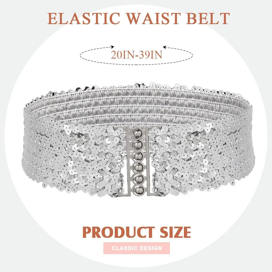 BODIY Women Stretch Wide Waist Belt Sequin Elastic Dress Belts Sparkly Waistband Cinch Belt