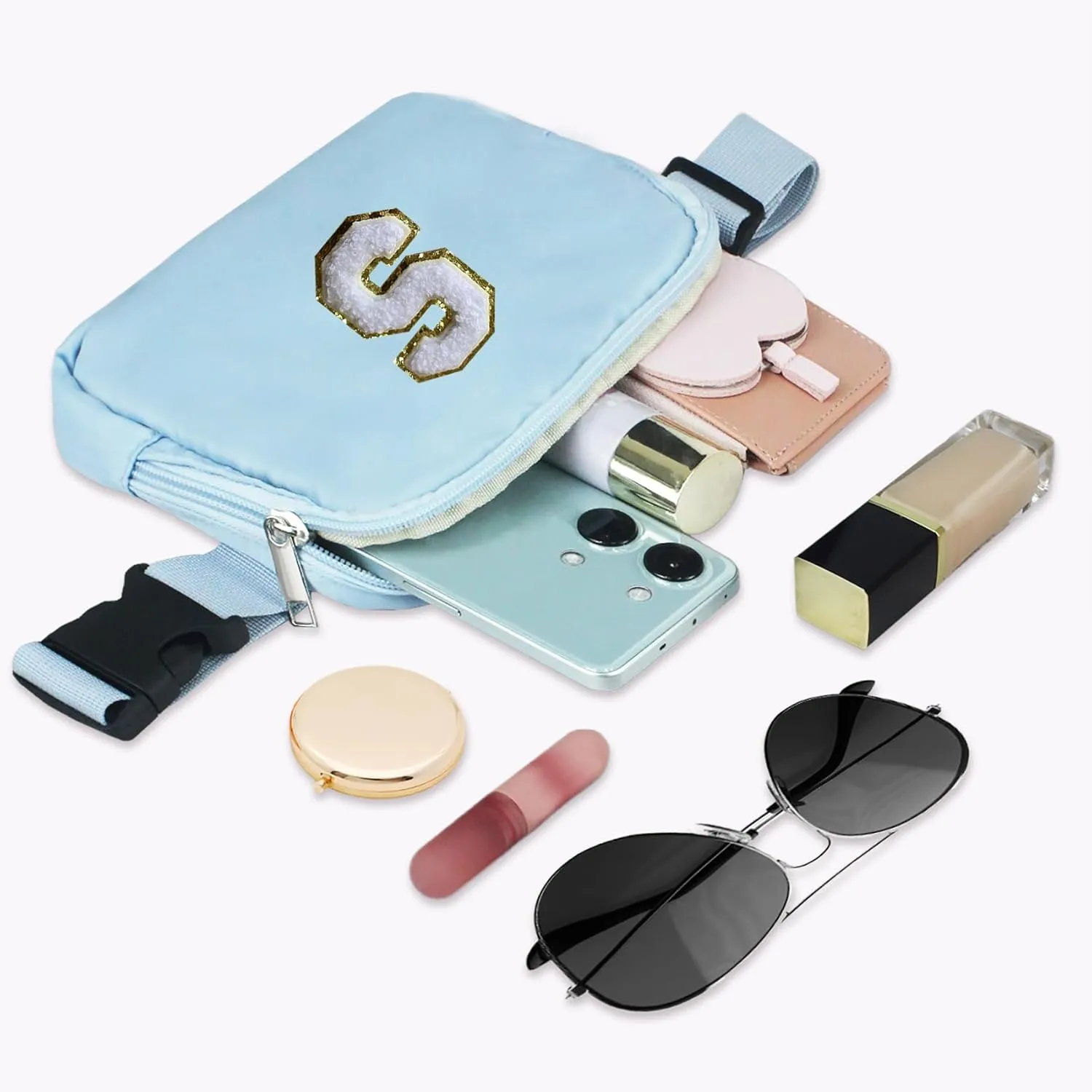 COSHAYSOO Blue Belt Bag Waist Fanny Pack Small Crossbody Trending Pouch with Initial Letter Patch for Women Teenage Girl Travel Essential, Personalized Christmas Gift Preppy Cute Teen Stuff (S)