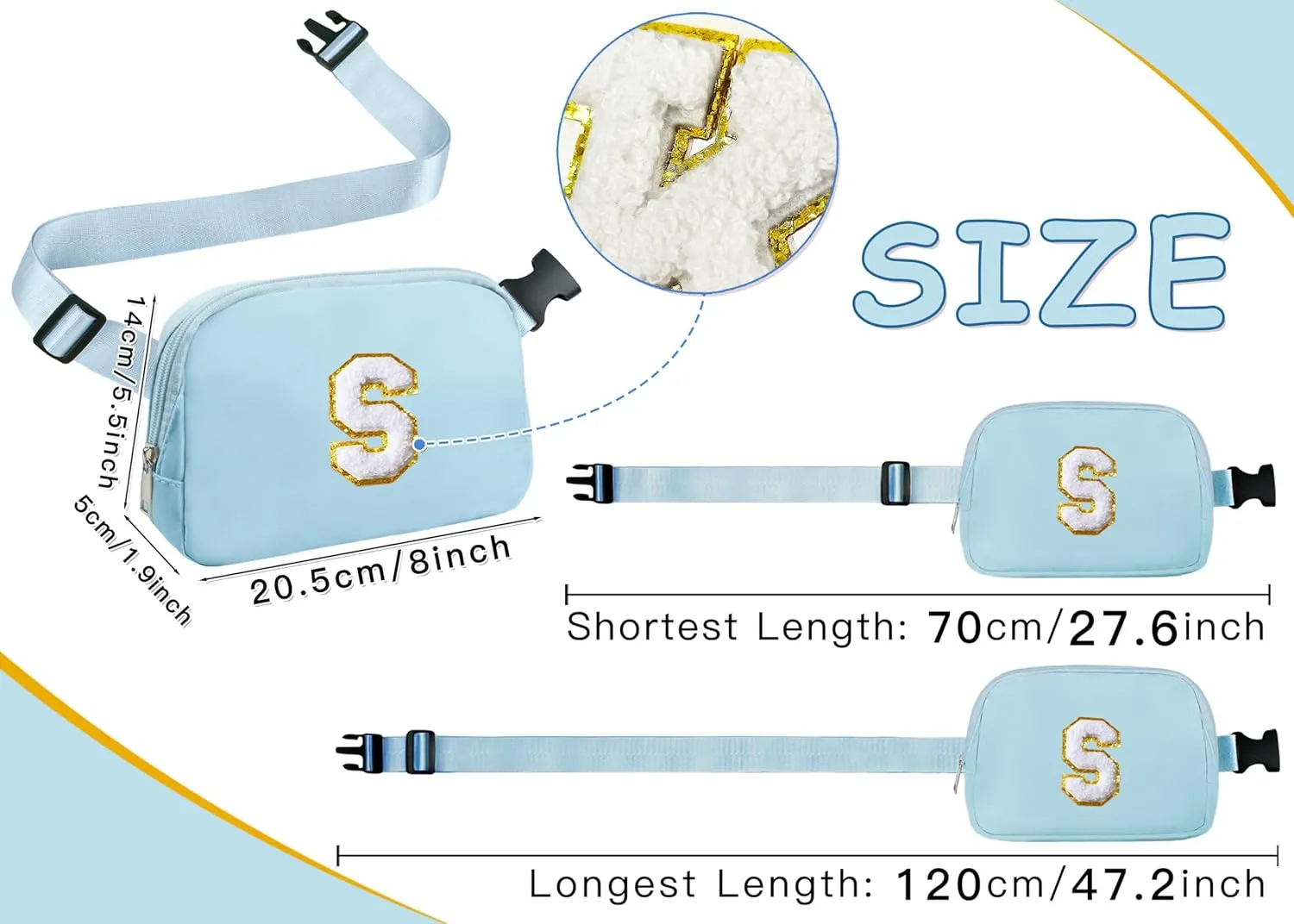 COSHAYSOO Blue Belt Bag Waist Fanny Pack Small Crossbody Trending Pouch with Initial Letter Patch for Women Teenage Girl Travel Essential, Personalized Christmas Gift Preppy Cute Teen Stuff (S)