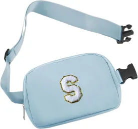 COSHAYSOO Blue Belt Bag Waist Fanny Pack Small Crossbody Trending Pouch with Initial Letter Patch for Women Teenage Girl Travel Essential, Personalized Christmas Gift Preppy Cute Teen Stuff (S)