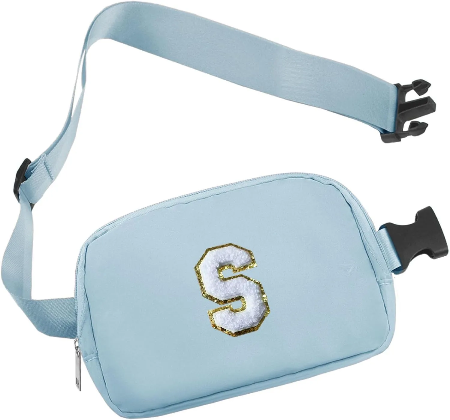 COSHAYSOO Blue Belt Bag Waist Fanny Pack Small Crossbody Trending Pouch with Initial Letter Patch for Women Teenage Girl Travel Essential, Personalized Christmas Gift Preppy Cute Teen Stuff (S)