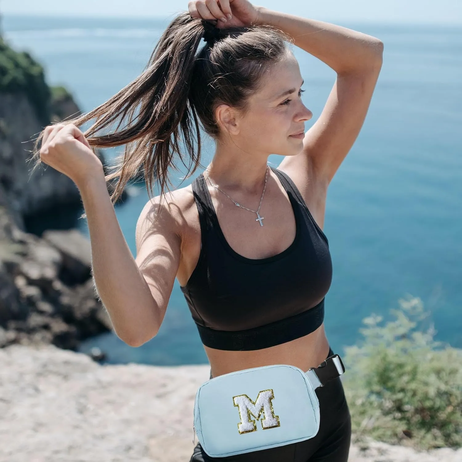 COSHAYSOO Blue Belt Bag Waist Fanny Pack Small Crossbody Trending Pouch with Initial Letter Patch for Women Teenage Girl Travel Essential, Personalized Christmas Gift Preppy Cute Teen Stuff (S)