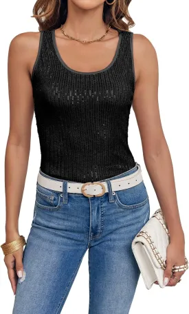 Fazortev Women's Sequin Tank Tops Sleeveless Scoop Neck Sparkly Sexy Party Camisole Vest