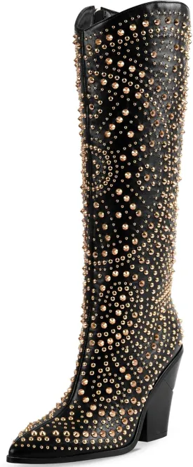 iiimmu Womens Boots Pointed Toe and Chunky Heel Boots for Women Luxurious Studded Boots Tall Boots with Metallic Rivets, White/Black Size US 5-12