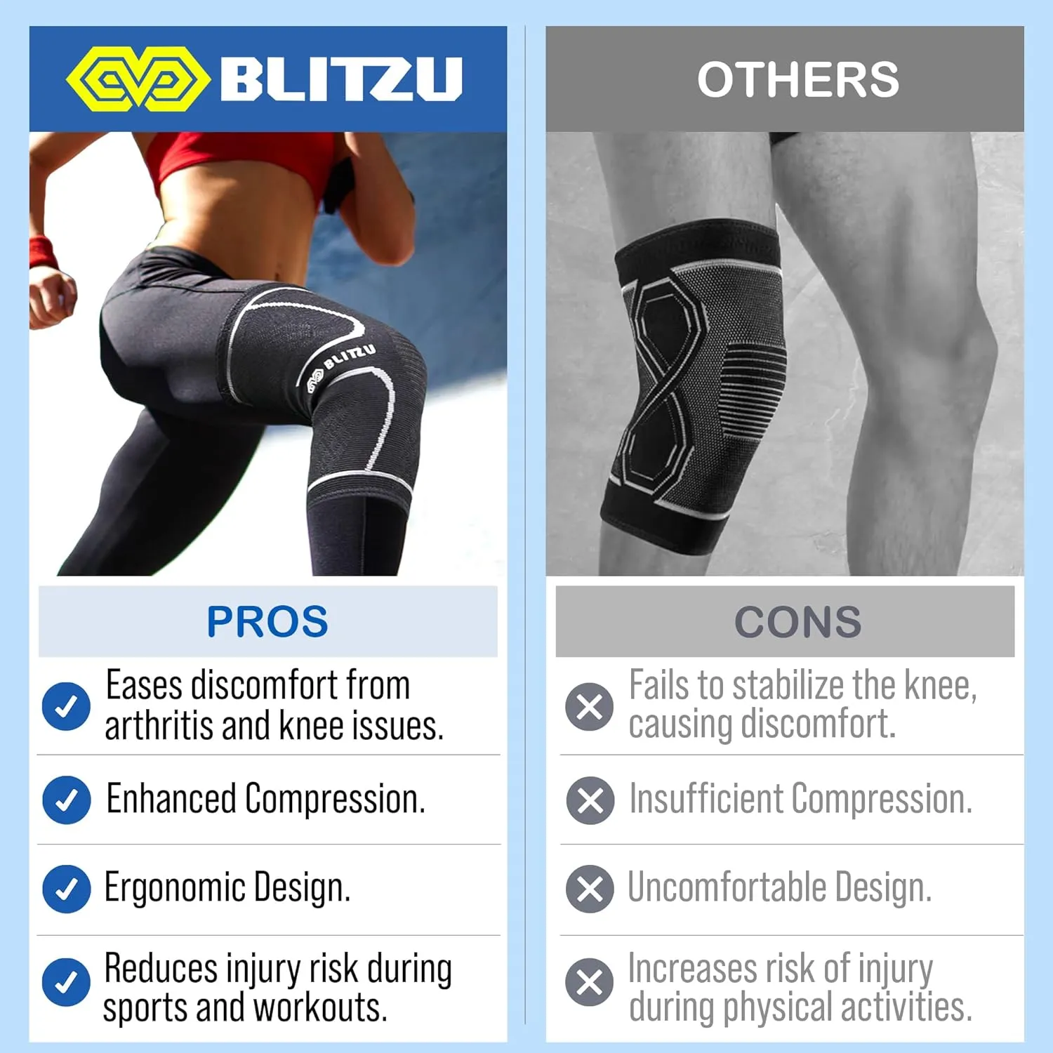 Knee Brace for Women & Men, 2 Pack Compression Knee Brace, Knee Support Sleeve for Pain Relief, Running, Workout, Sports, Knee Braces for ACL, Meniscus Tear, Arthritis and Injury Recovery Gray L