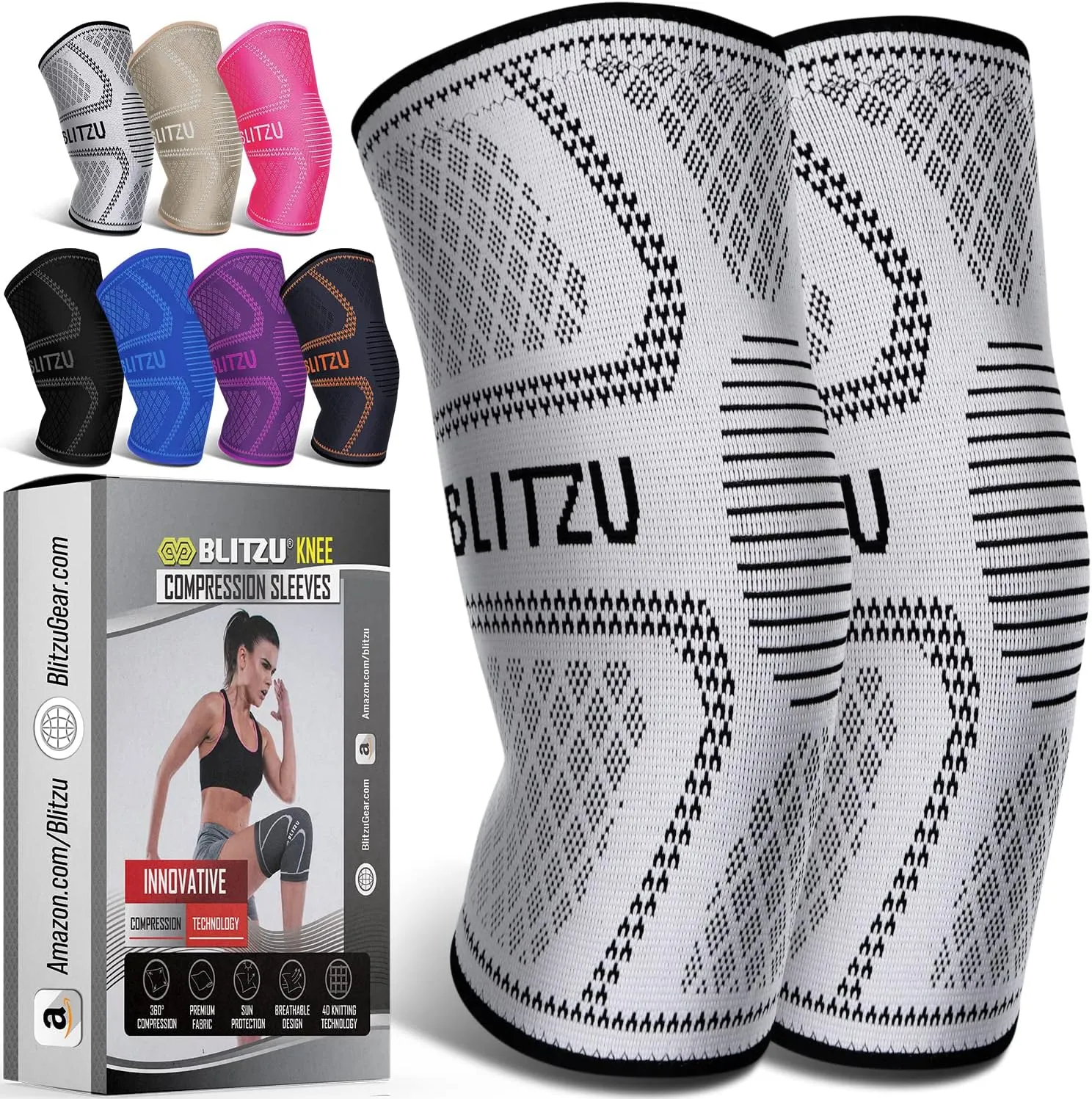 Knee Brace for Women & Men, 2 Pack Compression Knee Brace, Knee Support Sleeve for Pain Relief, Running, Workout, Sports, Knee Braces for ACL, Meniscus Tear, Arthritis and Injury Recovery Gray L