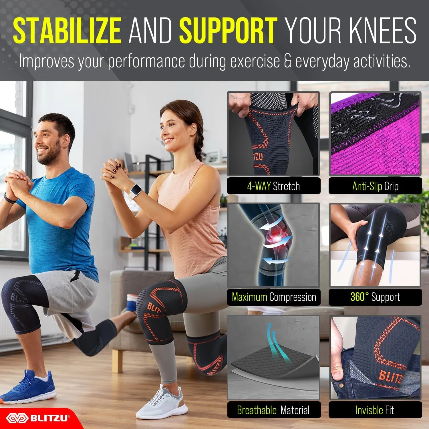 Knee Brace for Women & Men, 2 Pack Compression Knee Brace, Knee Support Sleeve for Pain Relief, Running, Workout, Sports, Knee Braces for ACL, Meniscus Tear, Arthritis and Injury Recovery Gray L