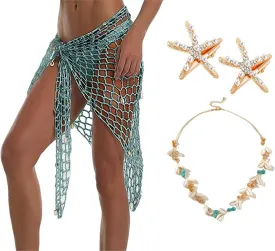 Mermaid Women Crochet Cover up Beach Shawl Capelet Sarong Wrap with Shell Necklace Choker and Starfish Hair Clip. (LK10)