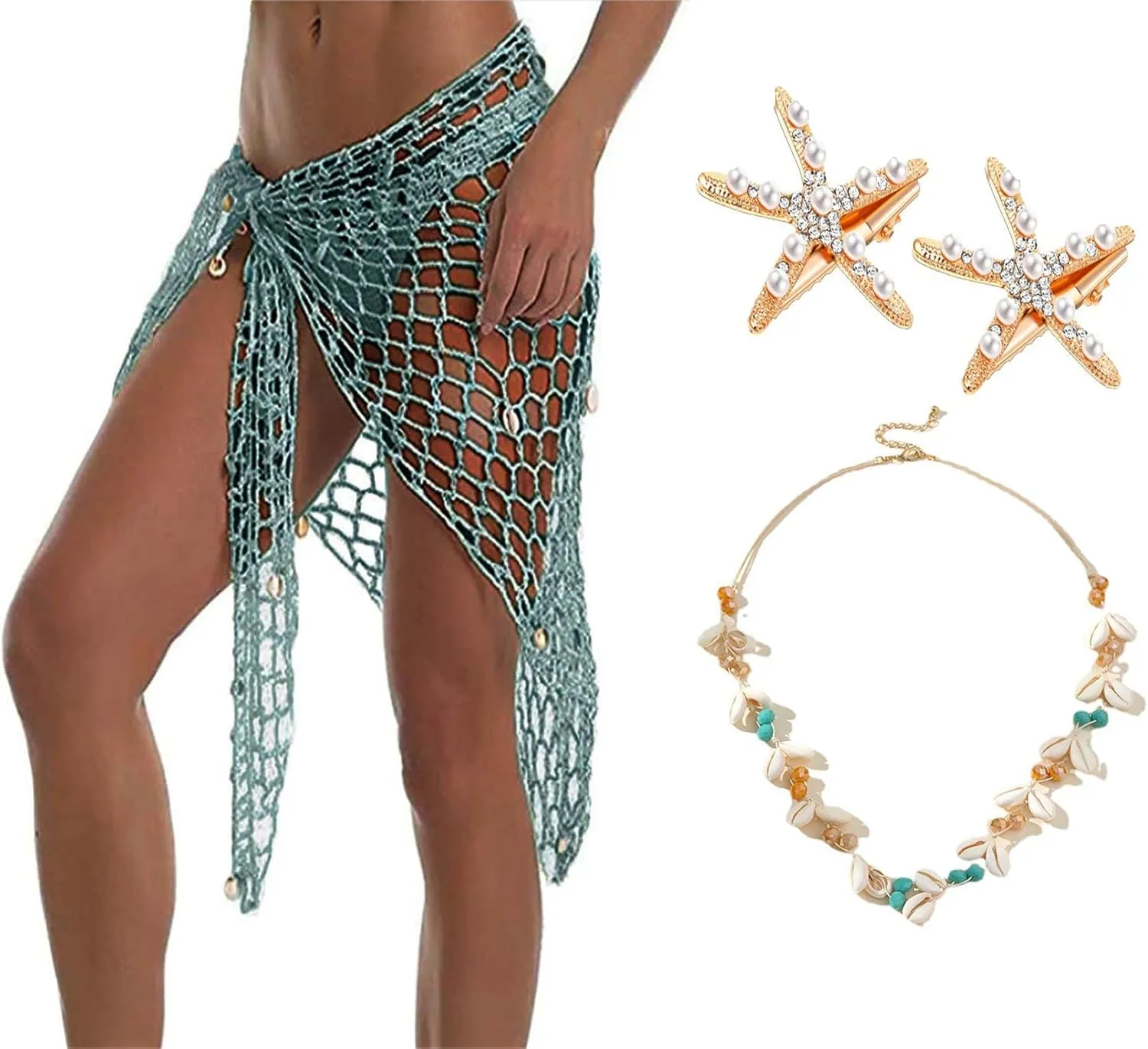 Mermaid Women Crochet Cover up Beach Shawl Capelet Sarong Wrap with Shell Necklace Choker and Starfish Hair Clip. (LK10)