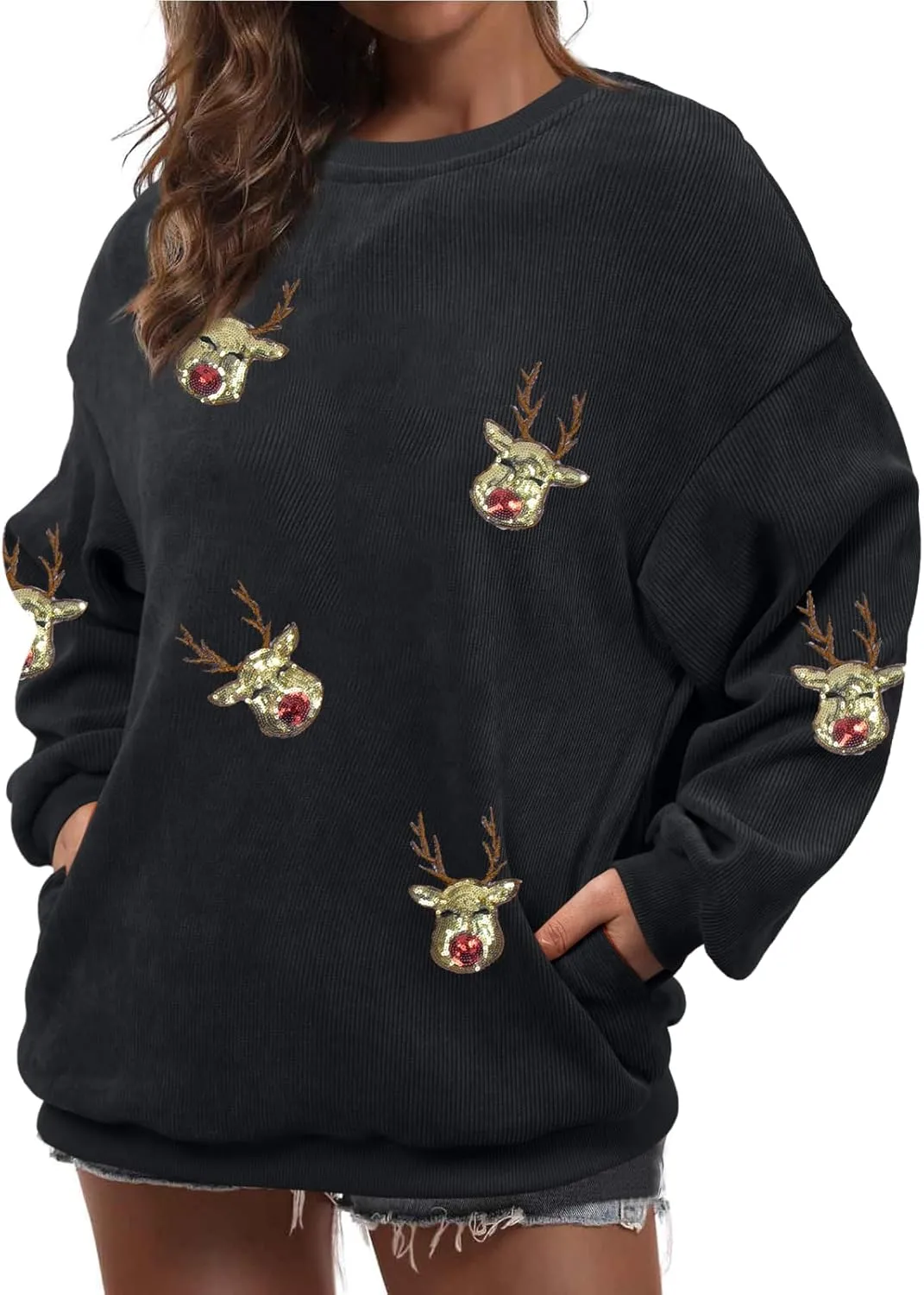 Merry Christmas Sweatshirt Women Christmas Sequin Tops Hoodie Christmas Party Pullover with Pockets