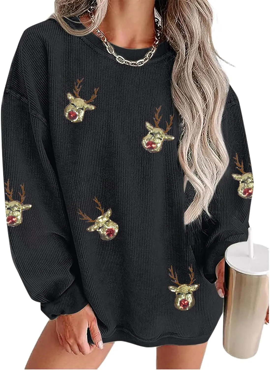 Merry Christmas Sweatshirt Women Christmas Sequin Tops Hoodie Christmas Party Pullover with Pockets