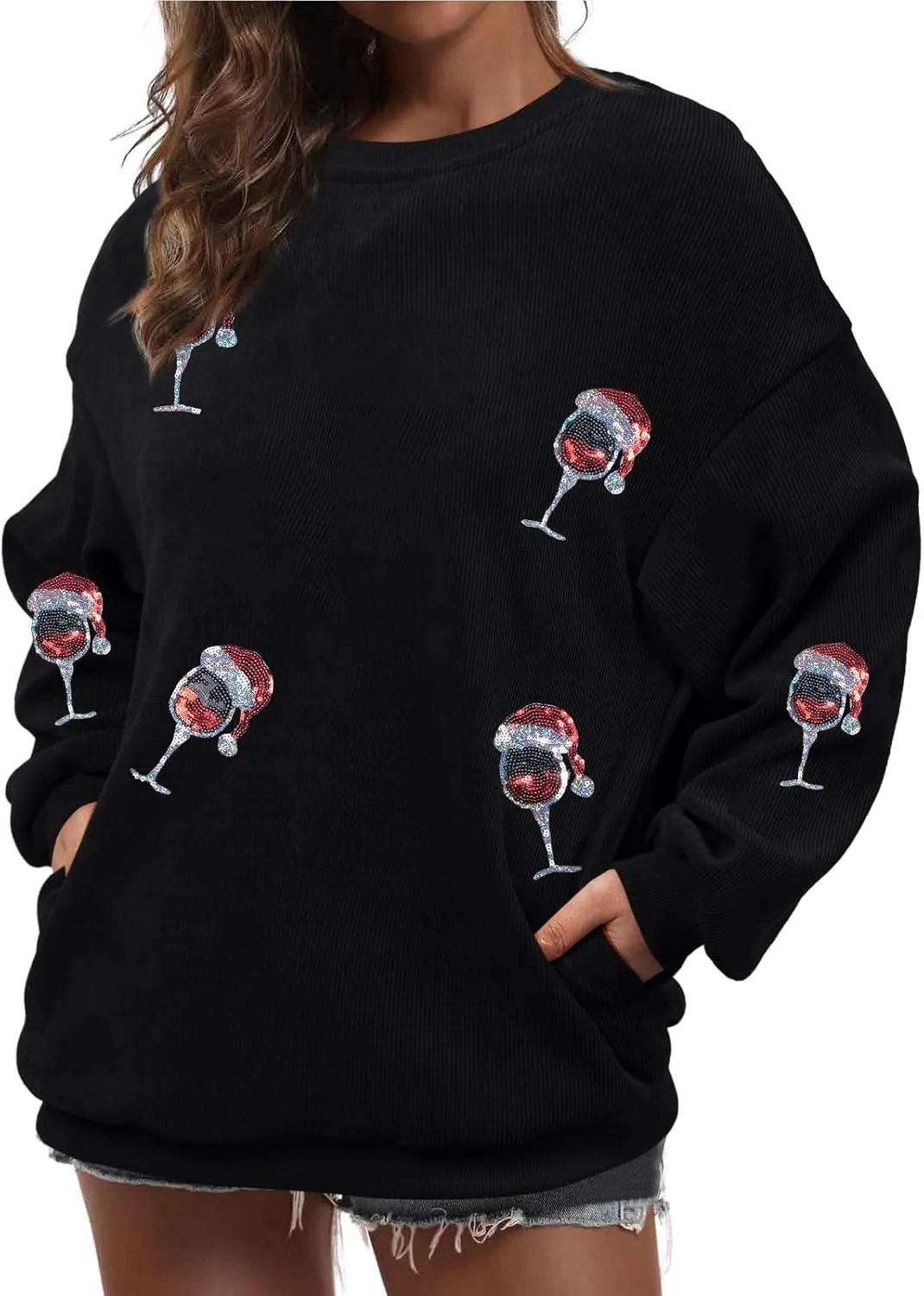 Merry Christmas Sweatshirt Women Christmas Sequin Tops Hoodie Christmas Party Pullover with Pockets