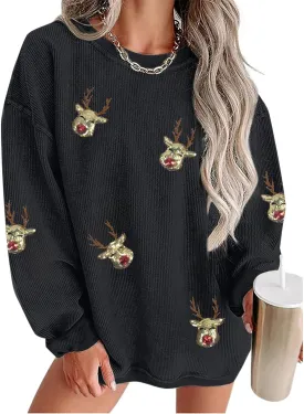 Merry Christmas Sweatshirt Women Christmas Sequin Tops Hoodie Christmas Party Pullover with Pockets