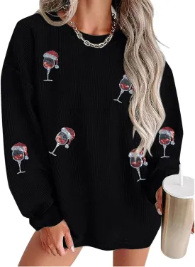 Merry Christmas Sweatshirt Women Christmas Sequin Tops Hoodie Christmas Party Pullover with Pockets