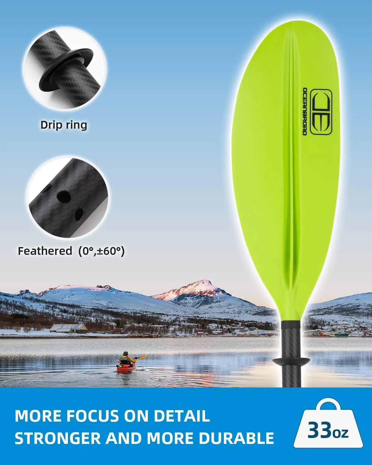 OCEANBROAD Carbon Fiber Kayak Paddle 90.5in/230cm, 86in/218cm for Adults Kayaking Boating Canoeing Oar with Paddle Leash