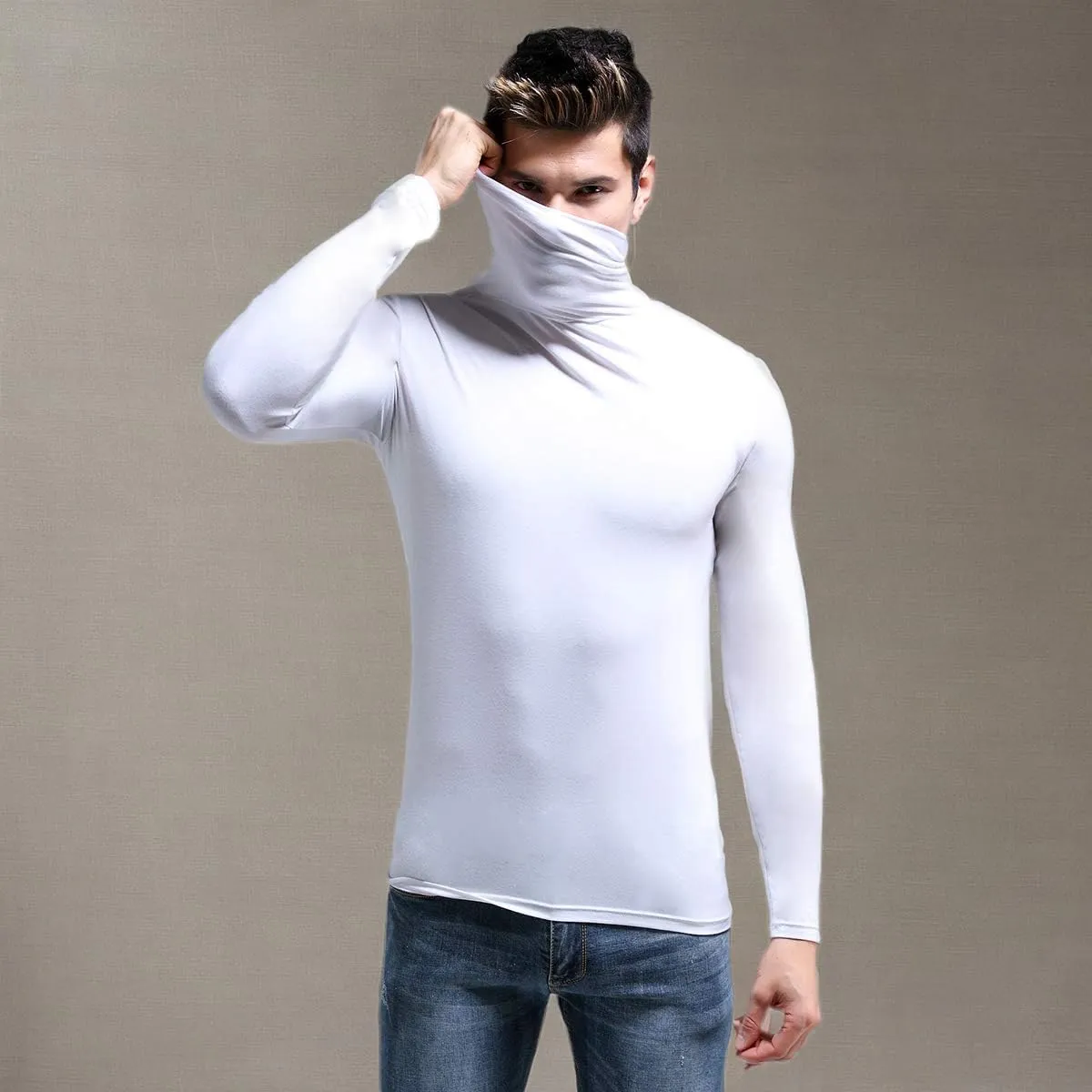 Ouruikia Men's Lightweight Thermal Shirts Modal Base Layer Turtleneck Long Sleeve Pullover Tops