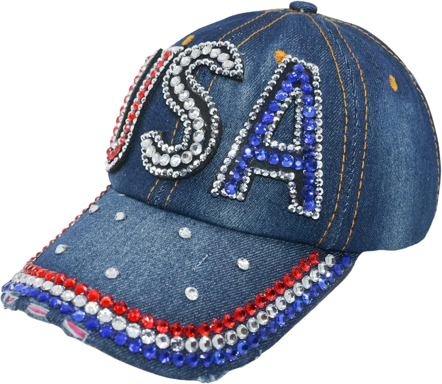 Popfizzy Bling Hat for Women and Girls, Fun Rhinestone Baseball Cap, Bejeweled Distressed Denim Hat, Bling Gifts for Women