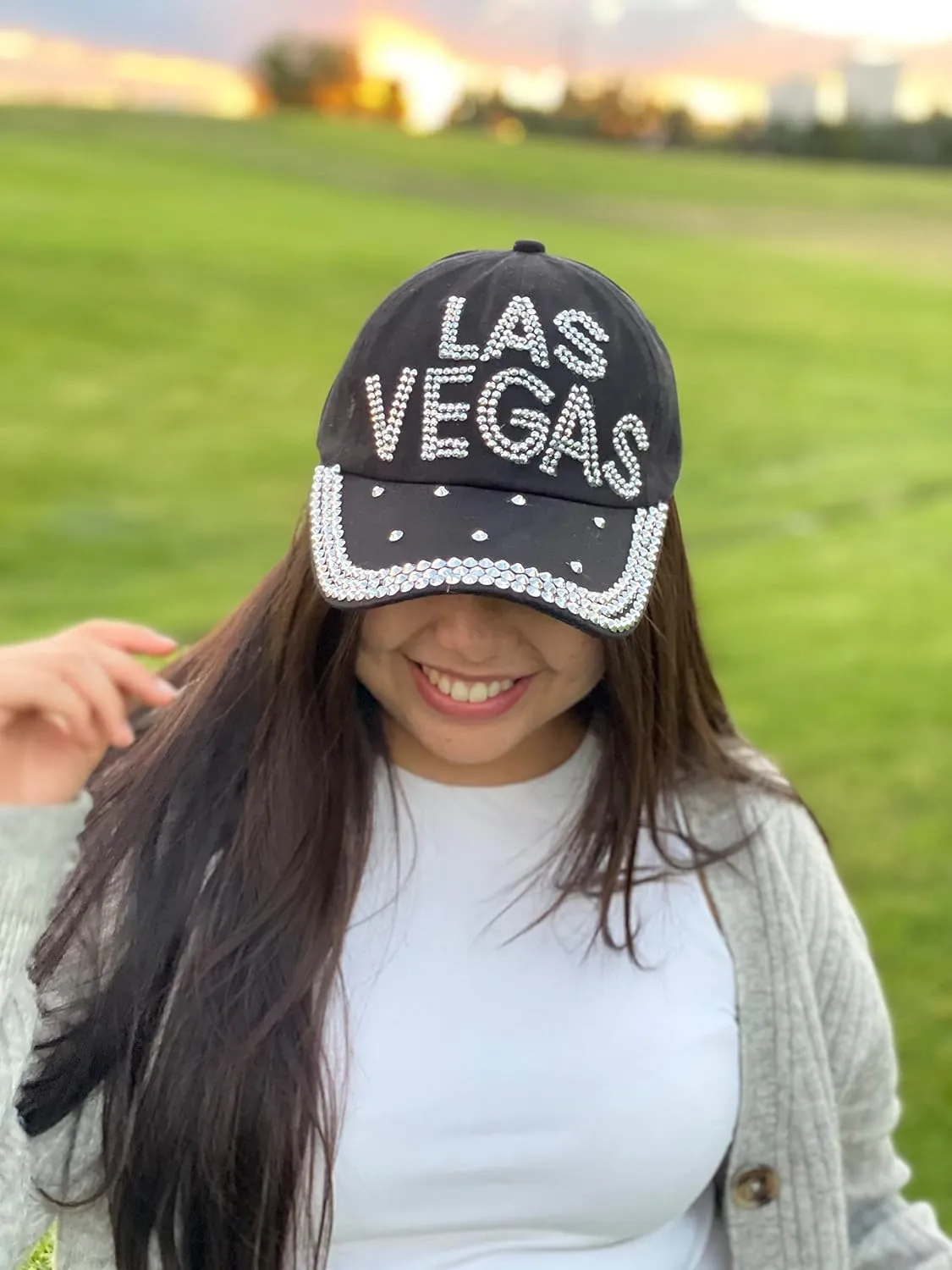 Popfizzy Bling Hat for Women and Girls, Fun Rhinestone Baseball Cap, Bejeweled Distressed Denim Hat, Bling Gifts for Women