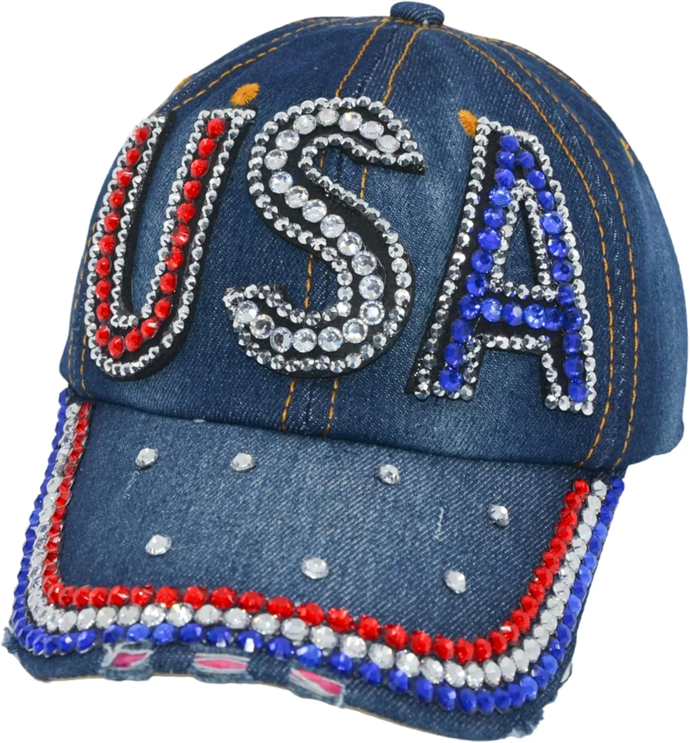 Popfizzy Bling Hat for Women and Girls, Fun Rhinestone Baseball Cap, Bejeweled Distressed Denim Hat, Bling Gifts for Women