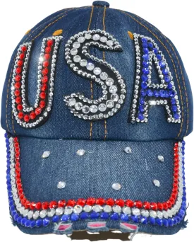 Popfizzy Bling Hat for Women and Girls, Fun Rhinestone Baseball Cap, Bejeweled Distressed Denim Hat, Bling Gifts for Women