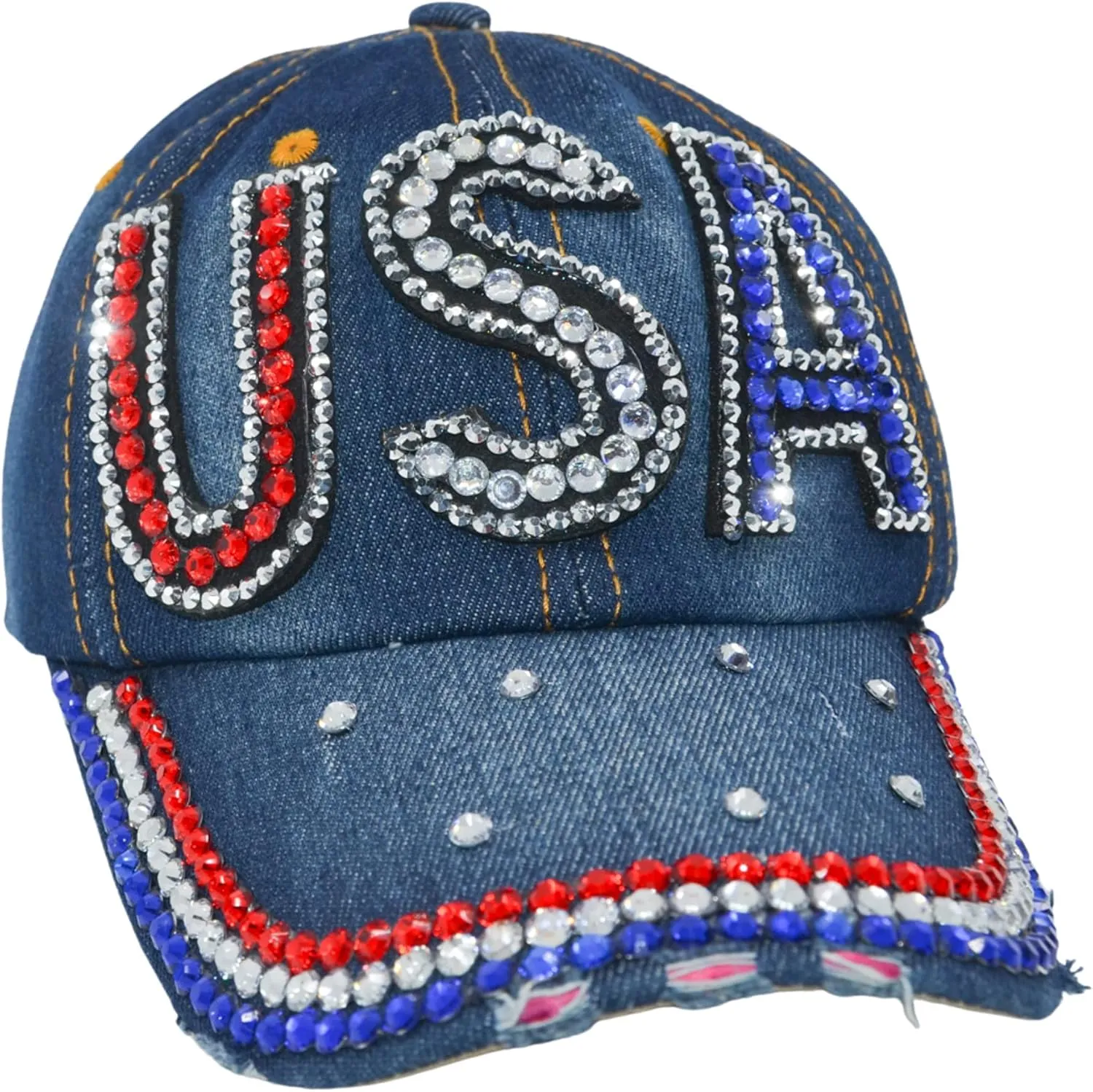 Popfizzy Bling Hat for Women and Girls, Fun Rhinestone Baseball Cap, Bejeweled Distressed Denim Hat, Bling Gifts for Women