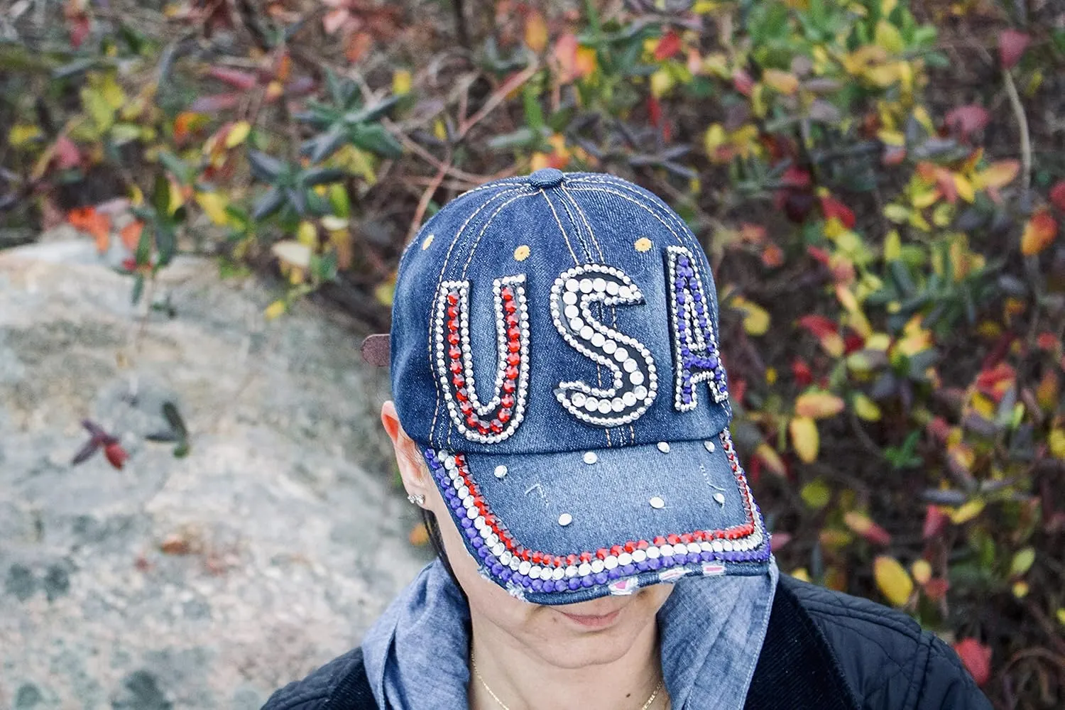 Popfizzy Bling Hat for Women and Girls, Fun Rhinestone Baseball Cap, Bejeweled Distressed Denim Hat, Bling Gifts for Women