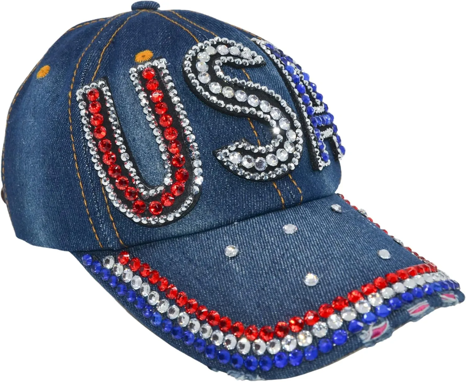 Popfizzy Bling Hat for Women and Girls, Fun Rhinestone Baseball Cap, Bejeweled Distressed Denim Hat, Bling Gifts for Women