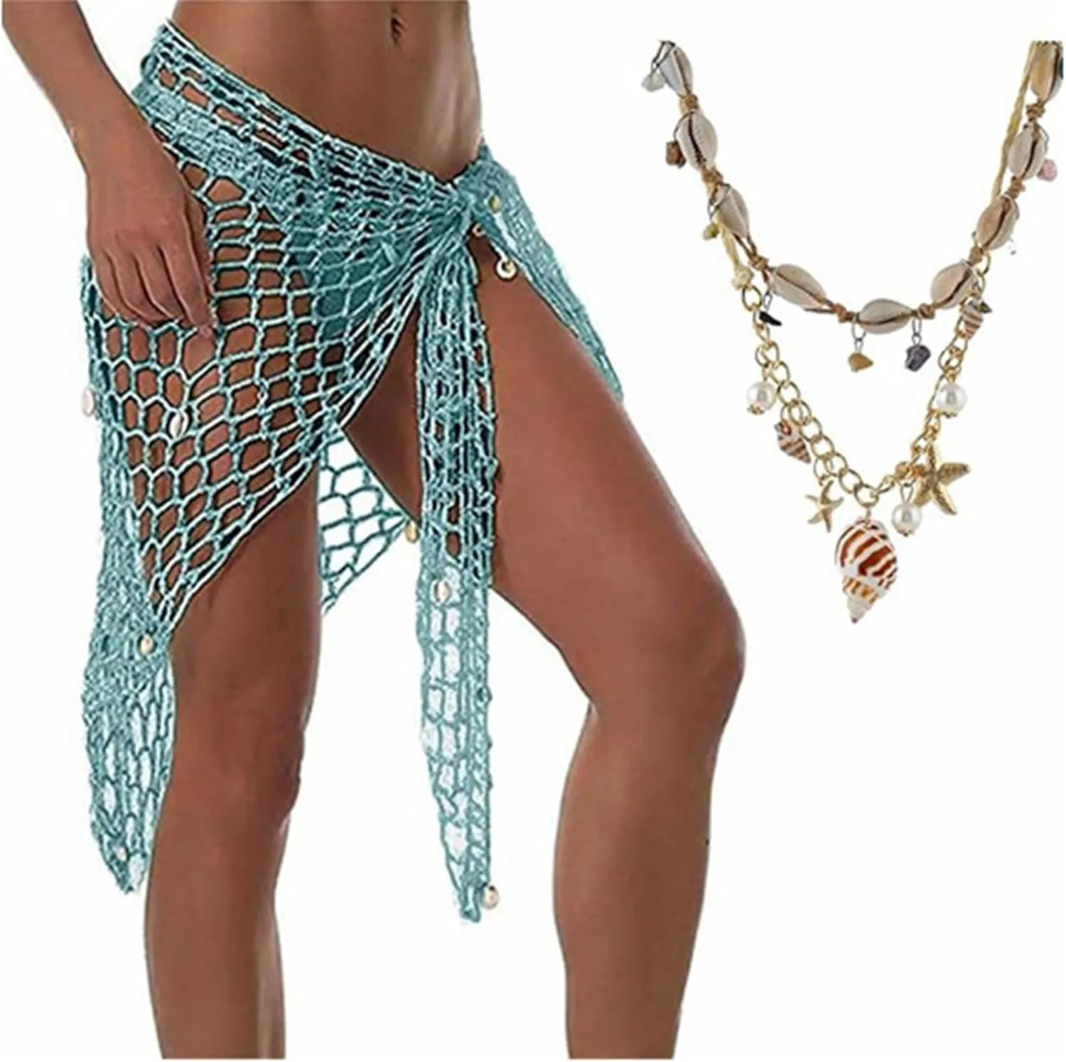 Sexy Beach Hand Crochet Shawl Capelet Cover Up Sunscreen Net Triangle Fishnet Skirt,and Braided Rattan Shell necklace(LK9)