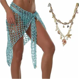 Sexy Beach Hand Crochet Shawl Capelet Cover Up Sunscreen Net Triangle Fishnet Skirt,and Braided Rattan Shell necklace(LK9)