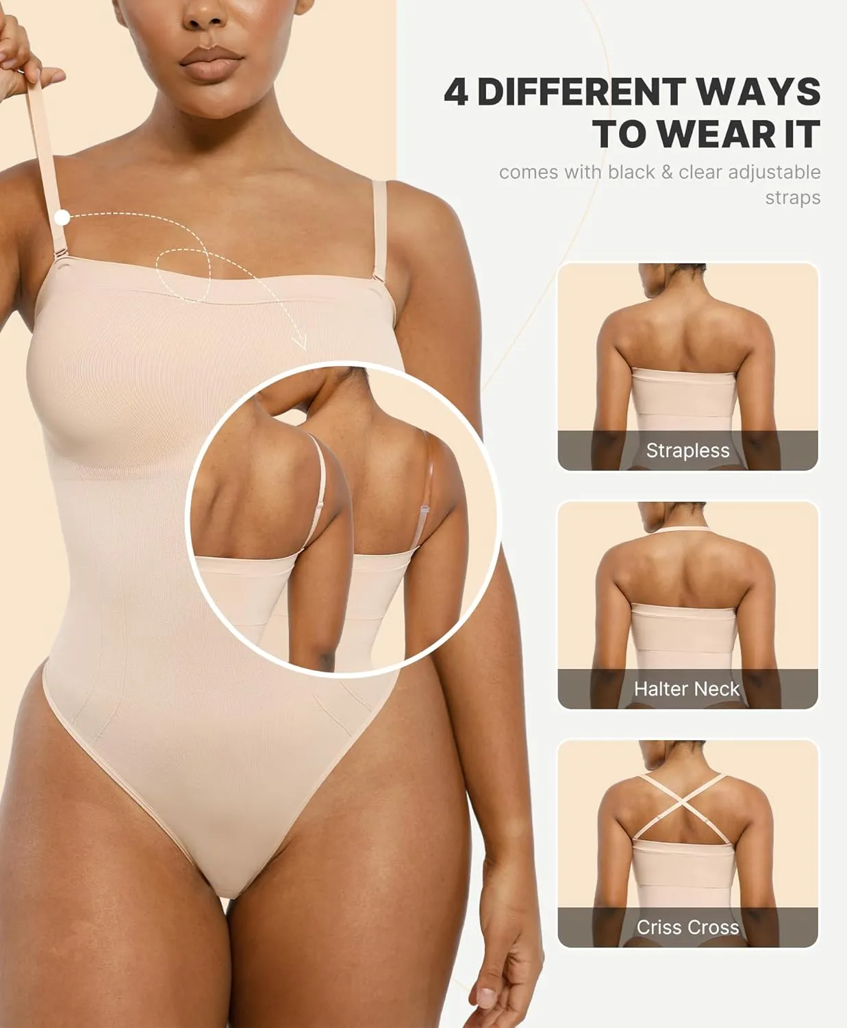 SHAPELLX Strapless Shapewear Bodysuit for Women Tummy Control Thong Seamless Sculpt Body Shaper with Removable Straps
