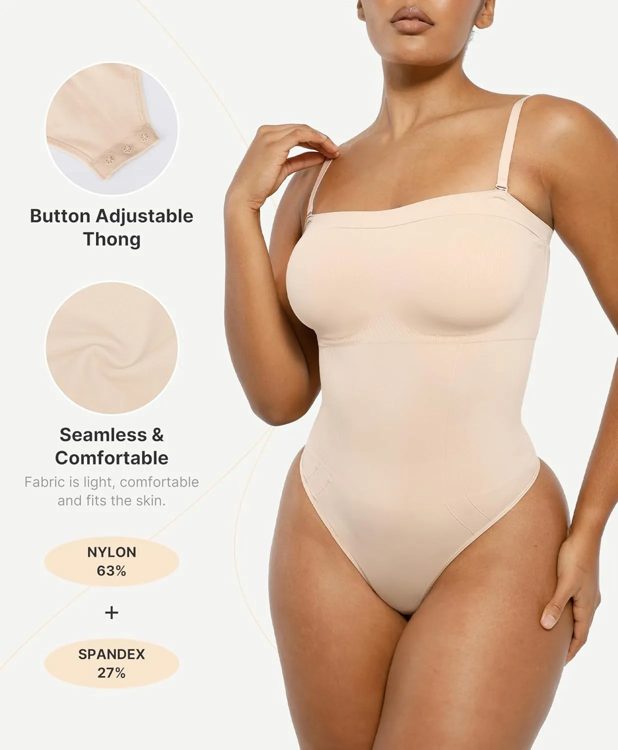 SHAPELLX Strapless Shapewear Bodysuit for Women Tummy Control Thong Seamless Sculpt Body Shaper with Removable Straps