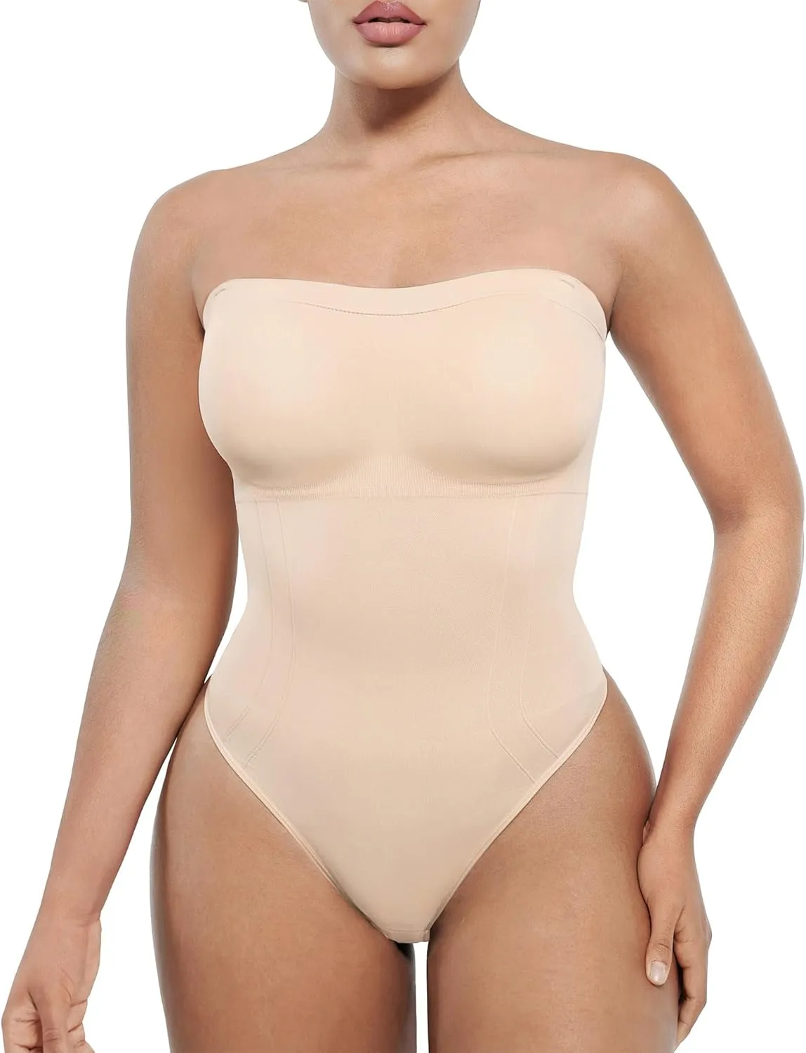 SHAPELLX Strapless Shapewear Bodysuit for Women Tummy Control Thong Seamless Sculpt Body Shaper with Removable Straps