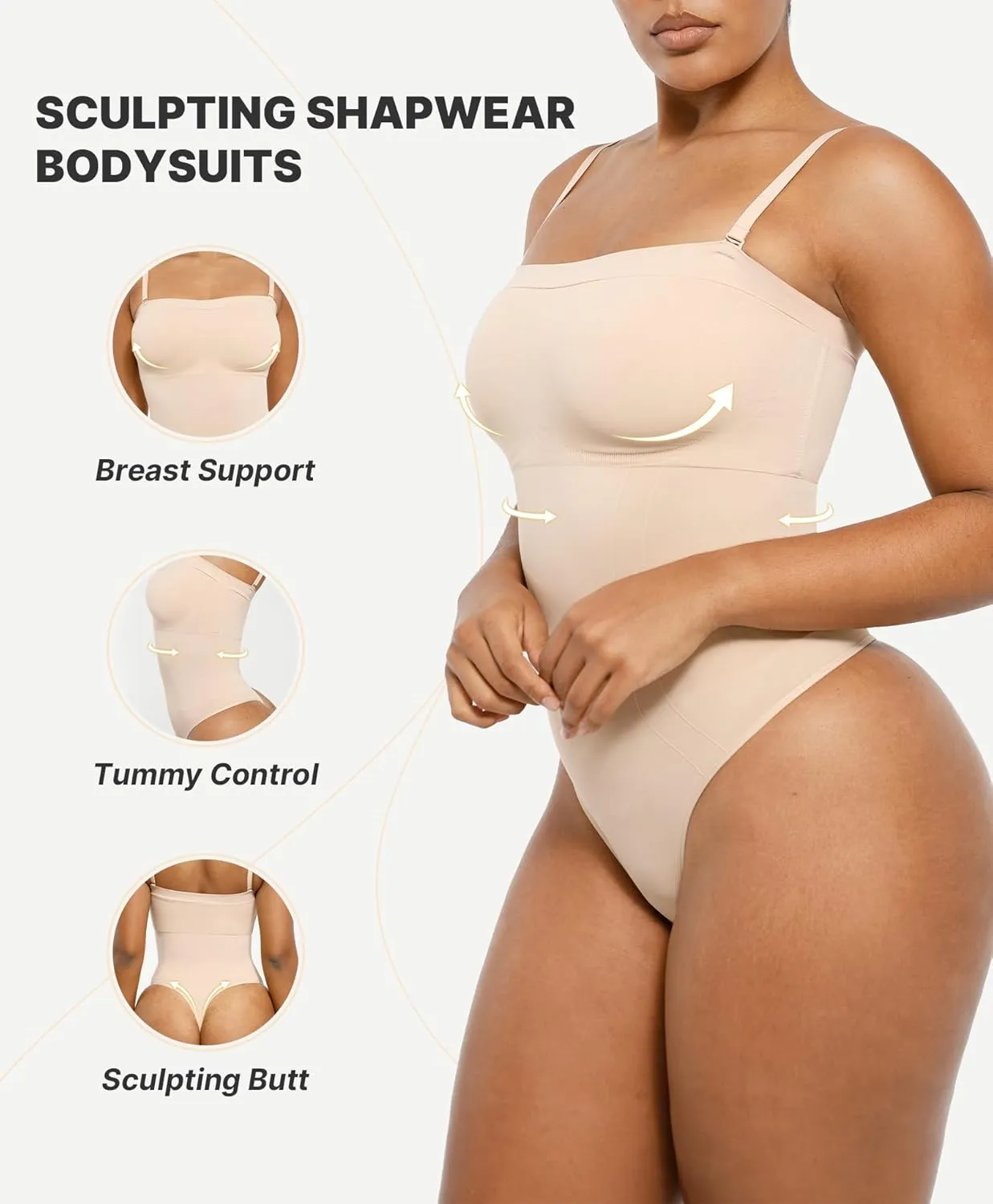 SHAPELLX Strapless Shapewear Bodysuit for Women Tummy Control Thong Seamless Sculpt Body Shaper with Removable Straps