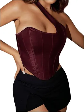 SHENHE Women's One Shoulder Overbust Corset Lace Up Boned Bustier Top Sexy Open Back Crop Top