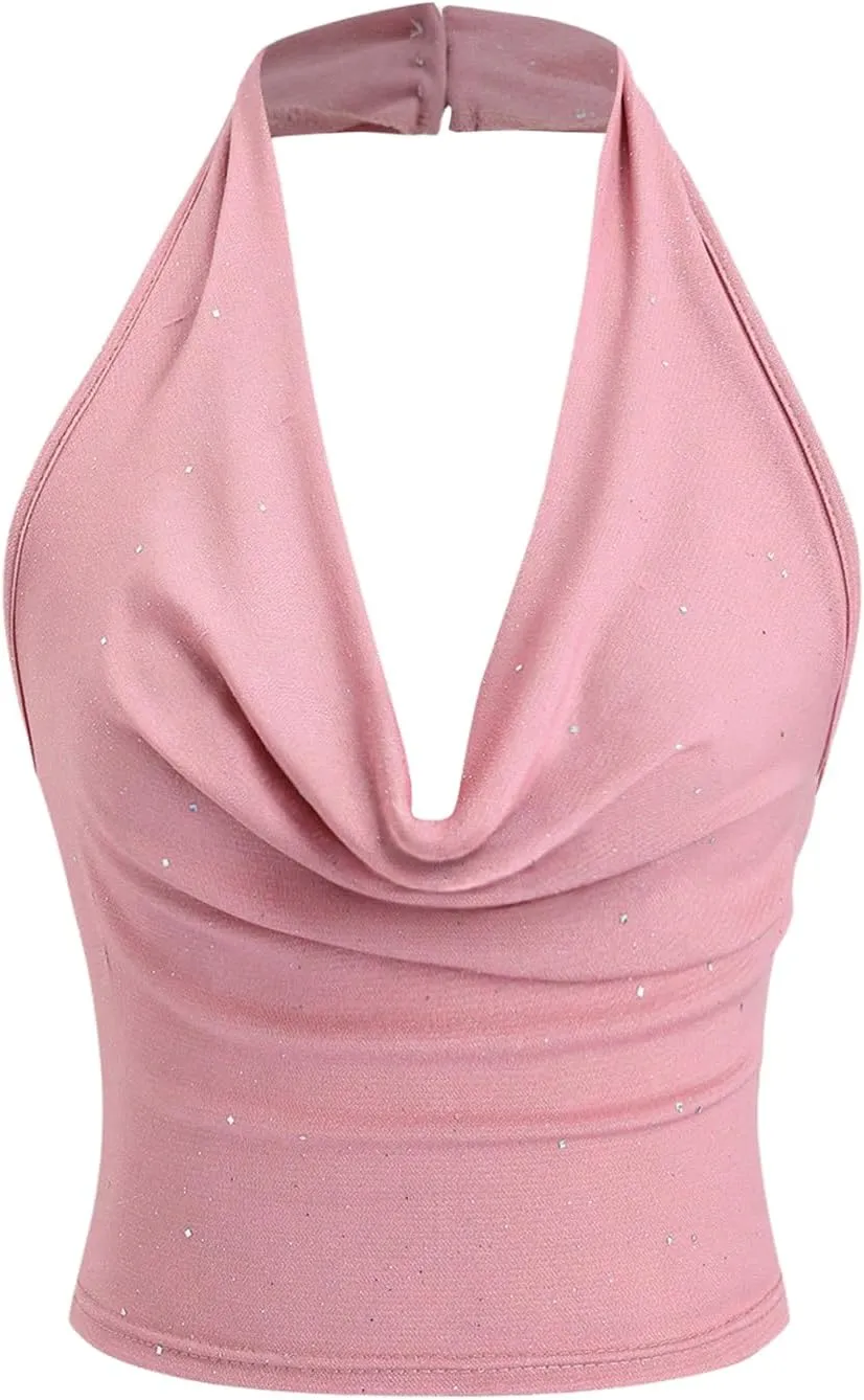 SOLY HUX Women's Halter Top Sparkly Sexy Backless Party Crop Tops Club Rave Festival Outfits Black