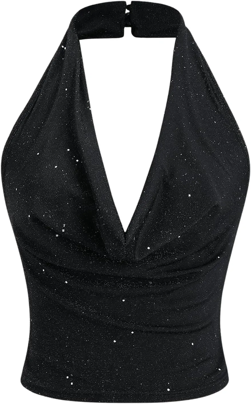 SOLY HUX Women's Halter Top Sparkly Sexy Backless Party Crop Tops Club Rave Festival Outfits Black