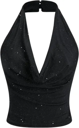 SOLY HUX Women's Halter Top Sparkly Sexy Backless Party Crop Tops Club Rave Festival Outfits Black