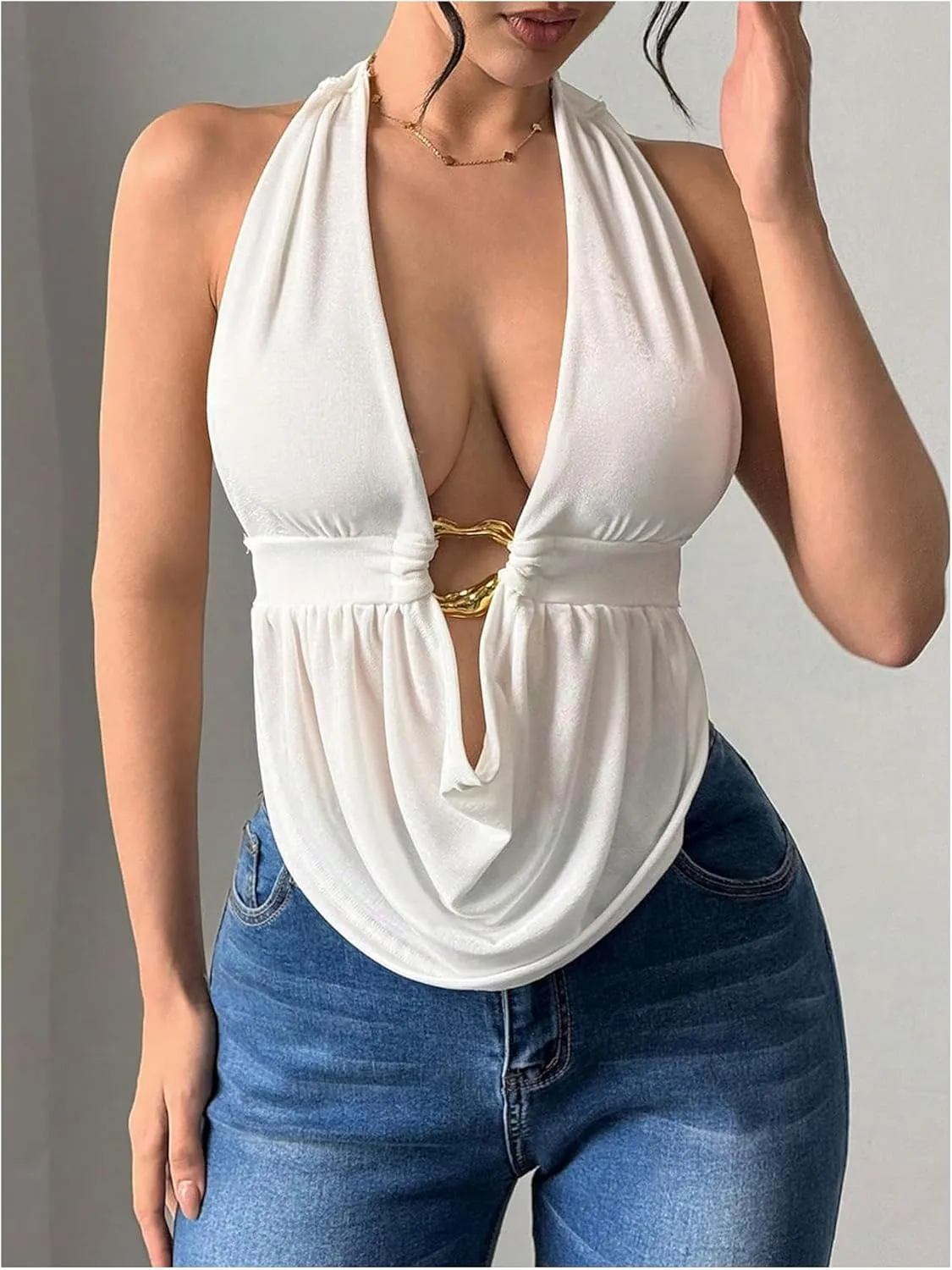SOLY HUX Women's Sexy Halter Going Out Top Open Back Deep V Neck Sleeveless Vest Tank Tops Party Clubwear