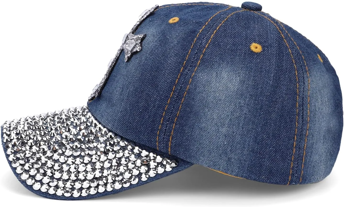 Song Qing Jean Snapback Hat Women Men Bling Cross Rhinestones Denim Baseball Cap