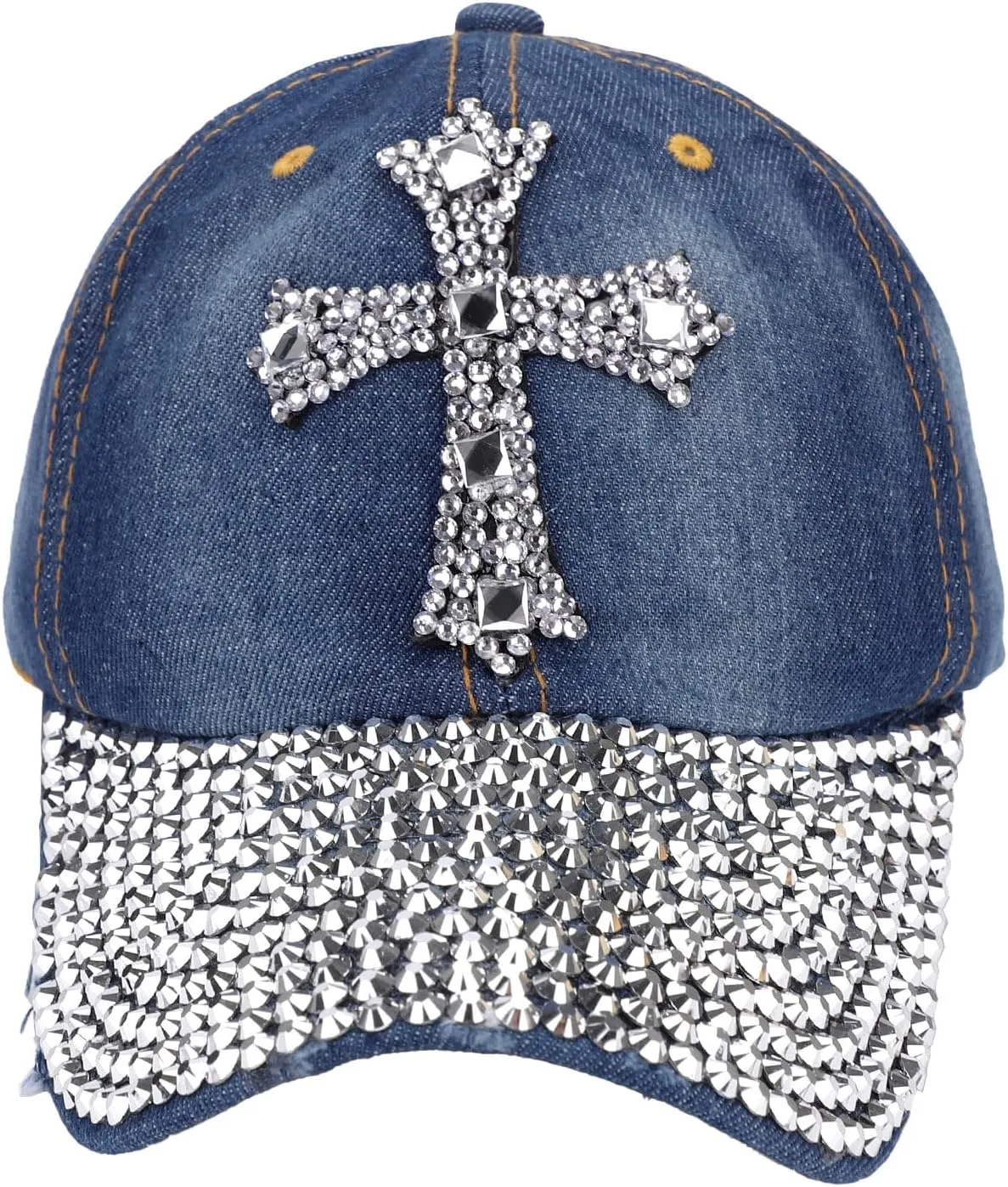 Song Qing Jean Snapback Hat Women Men Bling Cross Rhinestones Denim Baseball Cap
