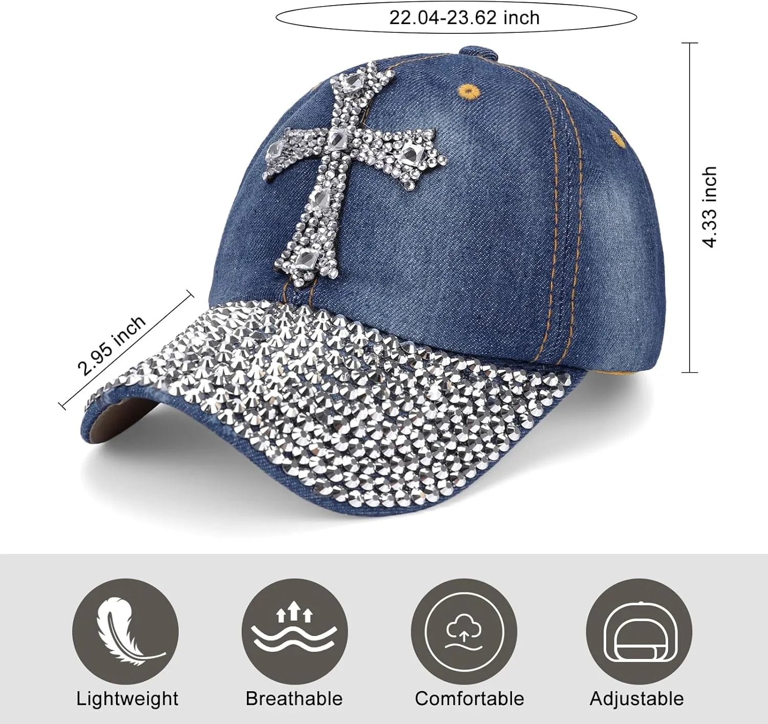 Song Qing Jean Snapback Hat Women Men Bling Cross Rhinestones Denim Baseball Cap