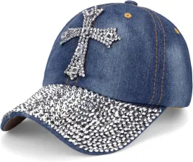 Song Qing Jean Snapback Hat Women Men Bling Cross Rhinestones Denim Baseball Cap