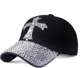 Song Qing Jean Snapback Hat Women Men Bling Cross Rhinestones Denim Baseball Cap