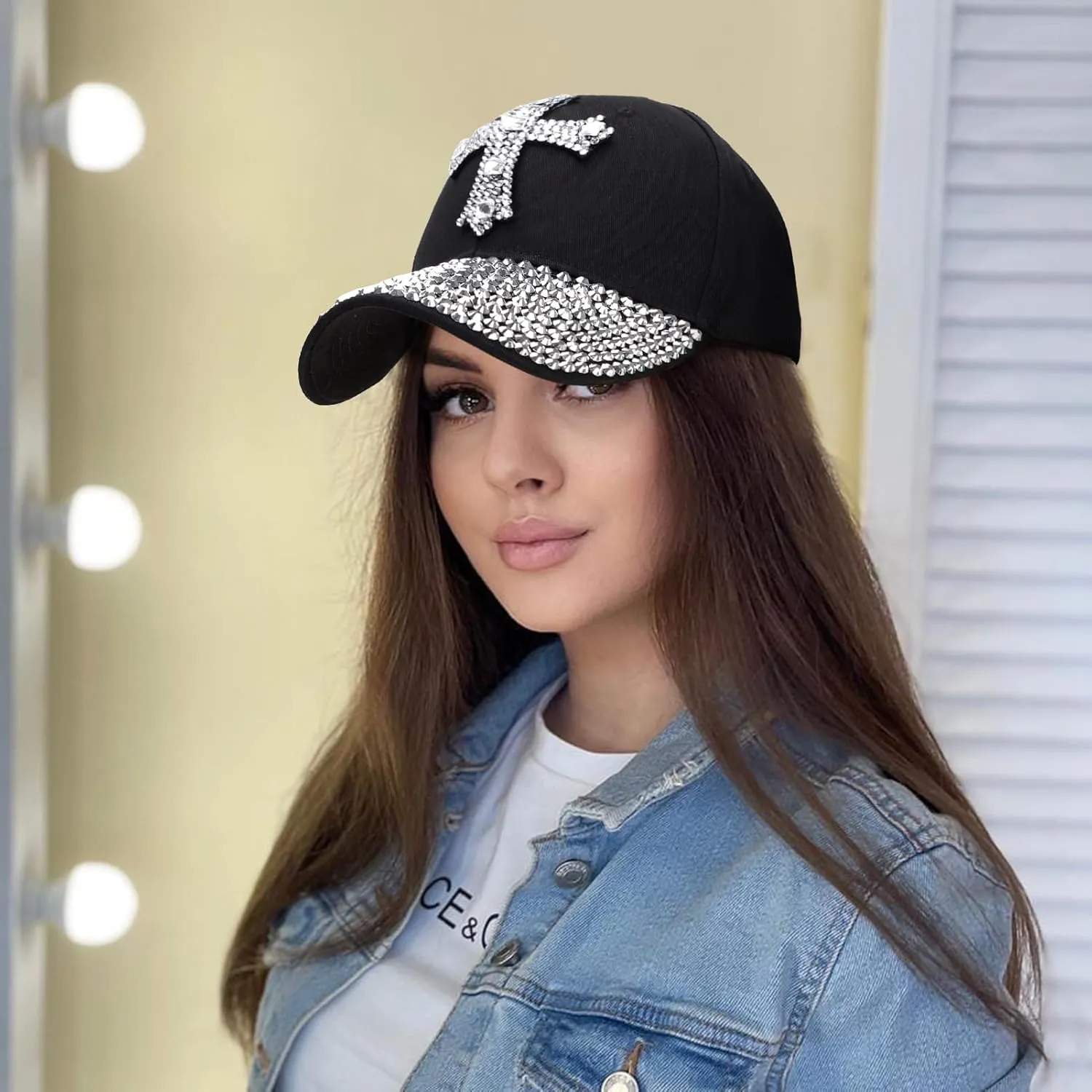 Song Qing Jean Snapback Hat Women Men Bling Cross Rhinestones Denim Baseball Cap