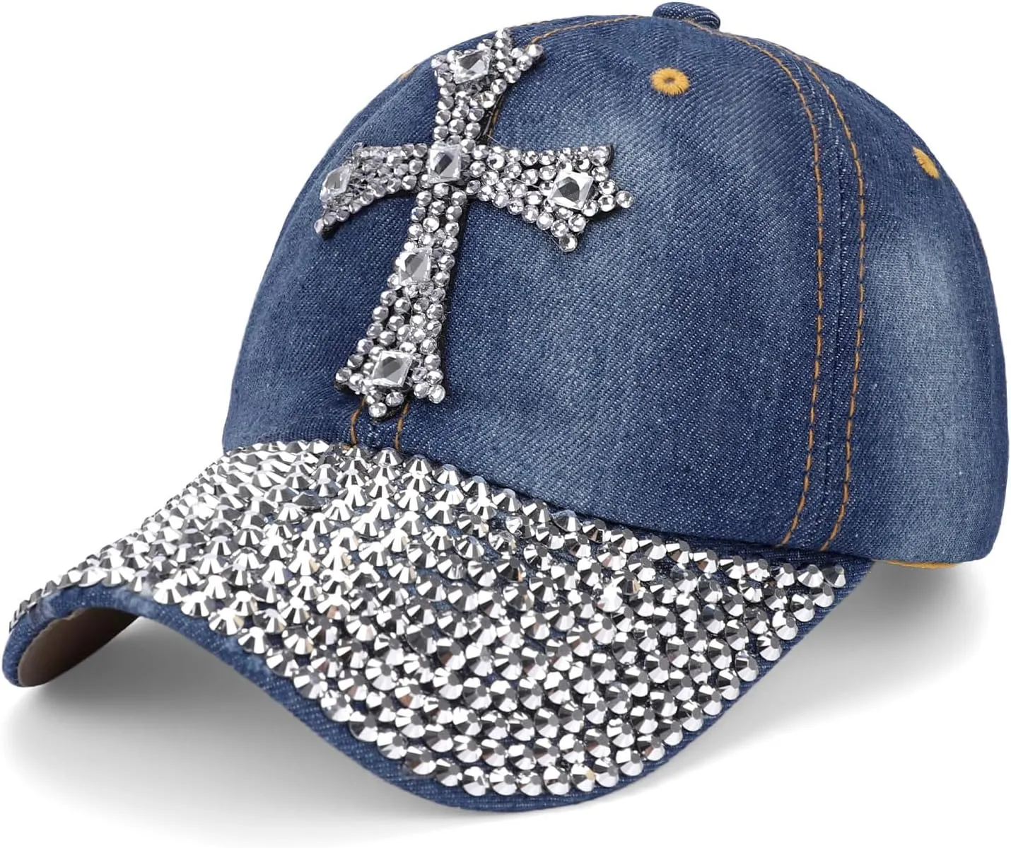 Song Qing Jean Snapback Hat Women Men Bling Cross Rhinestones Denim Baseball Cap